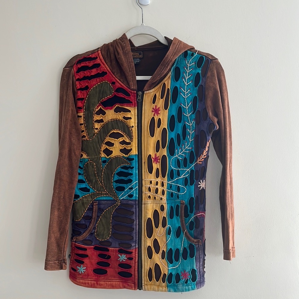 Rising International Patchwork Razor Cut Zip Hoodie Brown Multi Small Nepal
